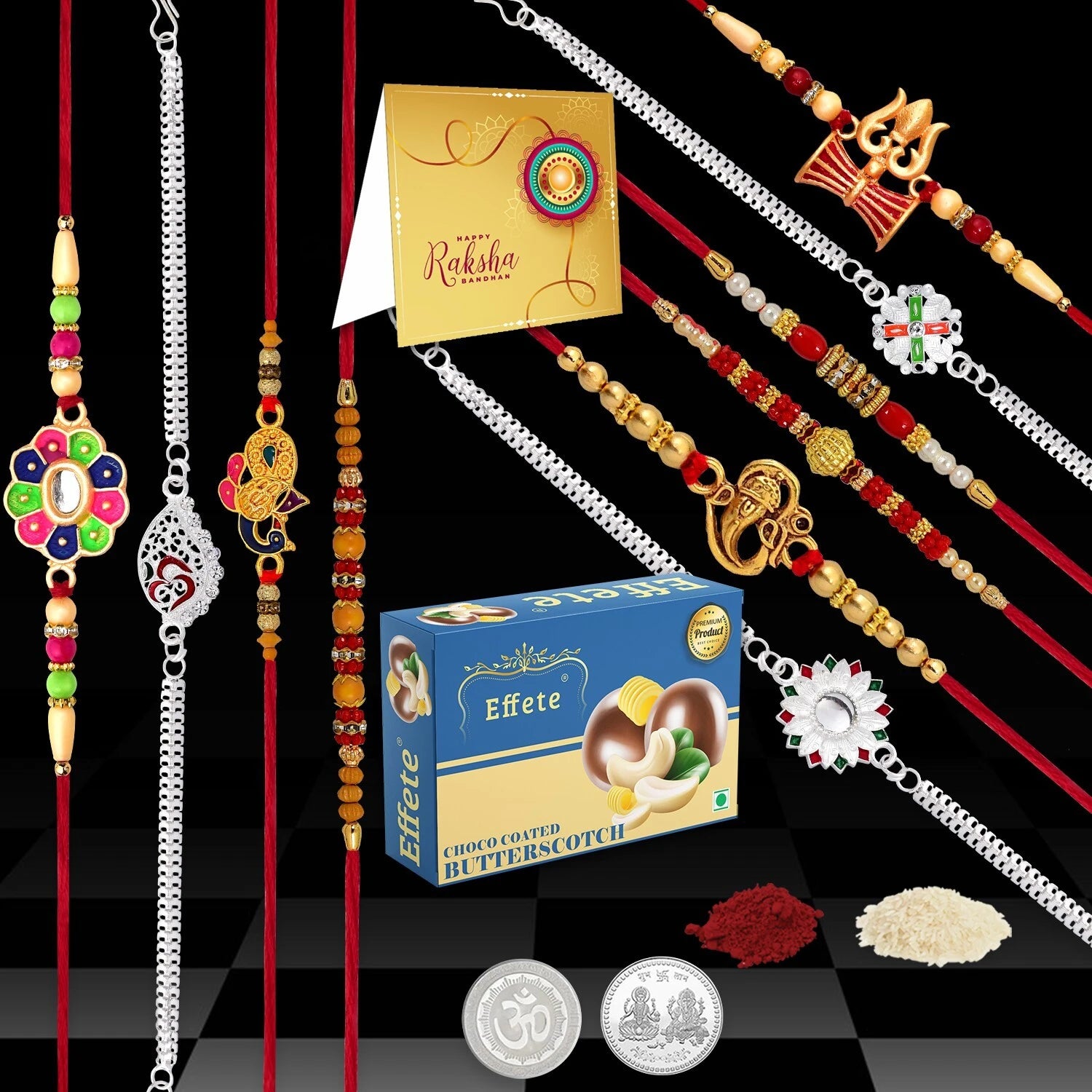 Designer 10 Rakhi Combo Gift Set For Brother With Choco Coated Butterscotch  Silver Coins Tilak Set  Greeting Card Designer 10 Rakhi Combo Gift Set For Brother With Choco Coated Butterscotch  Silver Coins Tilak Set  Greeting Card